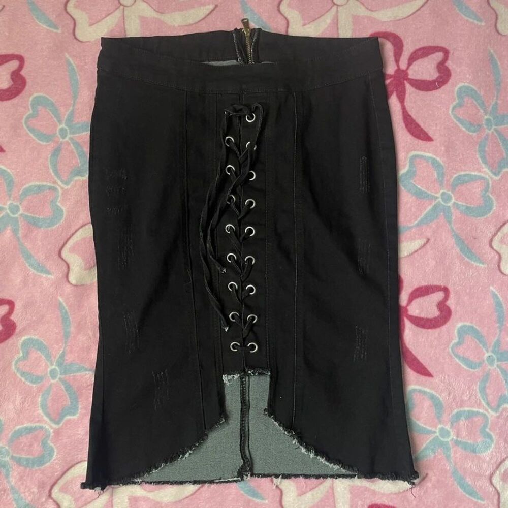 Gothic Lace Up Front Mini Skirt High Waisted Black Size Small